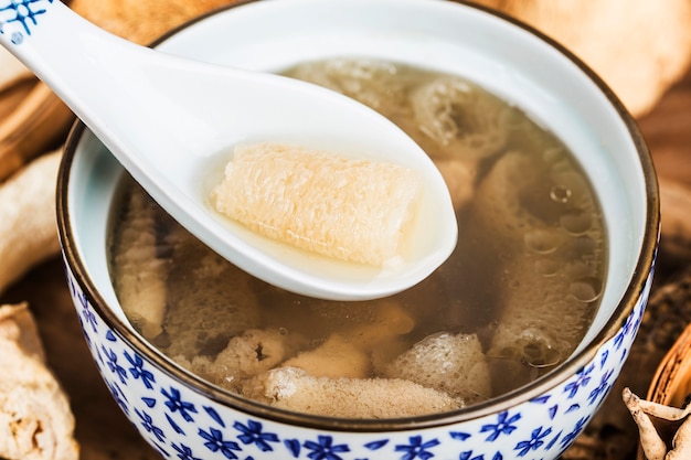 Chinese food in chine Soup with scallop and bamboo fungus