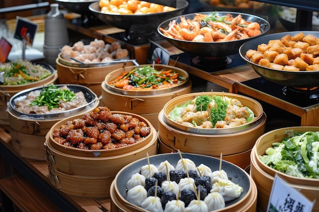 Chinese food display showcasing a variety of traditional and modern dishes An array of Chinese cuisine featuring both traditional and contemporary dishes on display