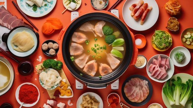 Chinese food hot pot soup top view