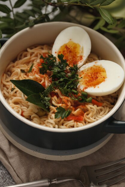 Chinese food Noodles with egg and vegetables