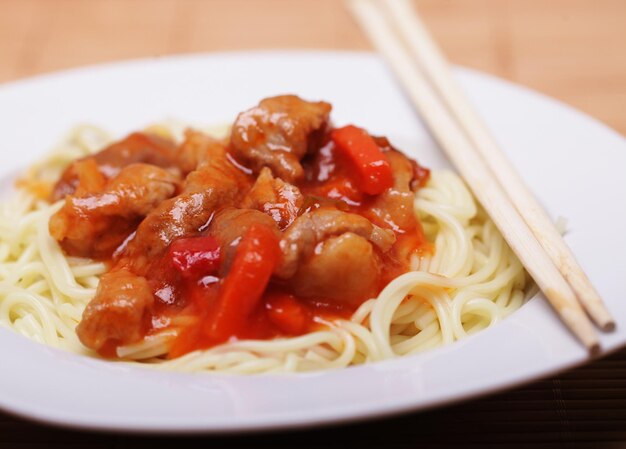 Chinese food noodles with meat