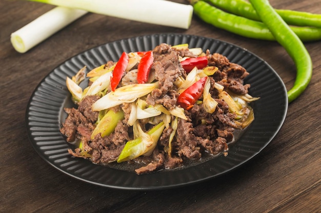 Chinese food: a plate of beef with scallions