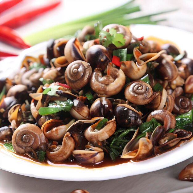 Chinese food stir fried snails with thirteen spices