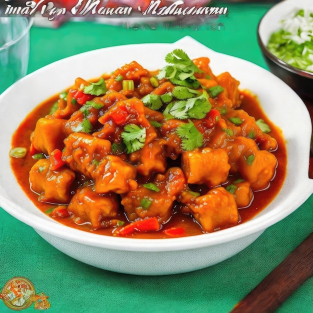 Chinese food sweet and sour pork in red curry on green background