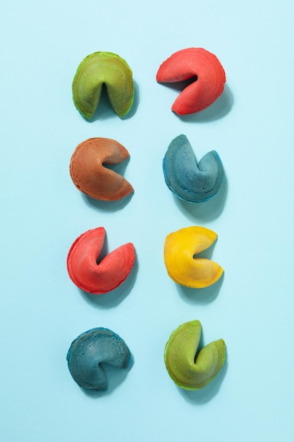 Chinese fortune cookies with prediction words top view