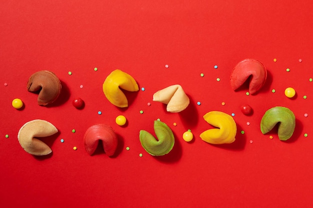 Chinese fortune cookies with prediction words top view