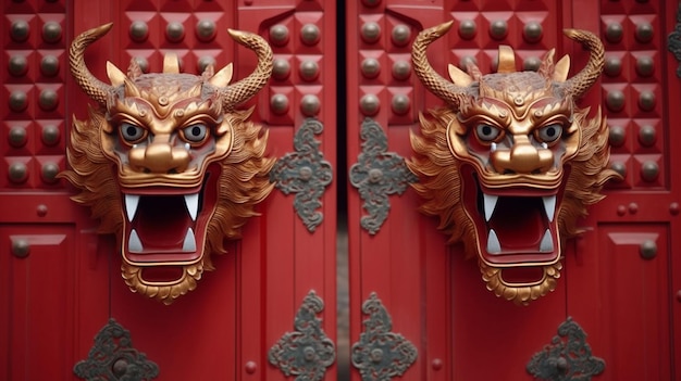 chinese gate red doors with golden dragon heads knocker