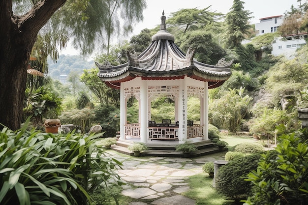 A chinese gazebo in a garden with trees and mountains in the background.