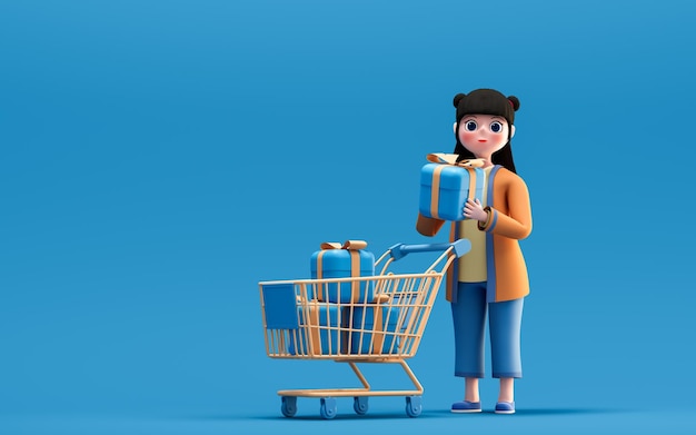 A chinese girl and gifts with blue background 3d rendering computer digital drawing