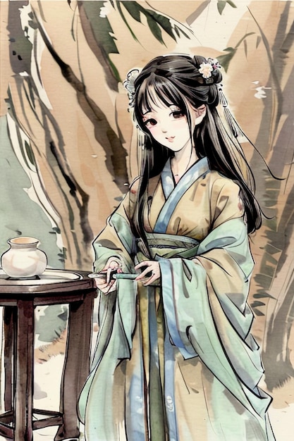 緑の着物を着た中国人の女の子がお茶を飲みながらテーブルの前に立っています。