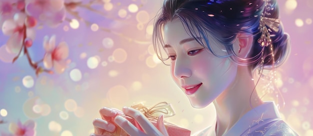 Chinese girl her face illuminated with joy cradling a beautifully wrapped gift in her hands