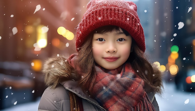 새해의 개념으로 겨울 거리에 서 있는 중국 소녀