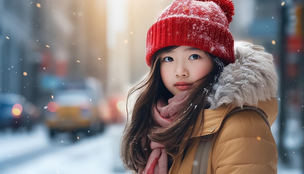 Китайская девушка, стоящая на улицах зимнего года, концепция нового года