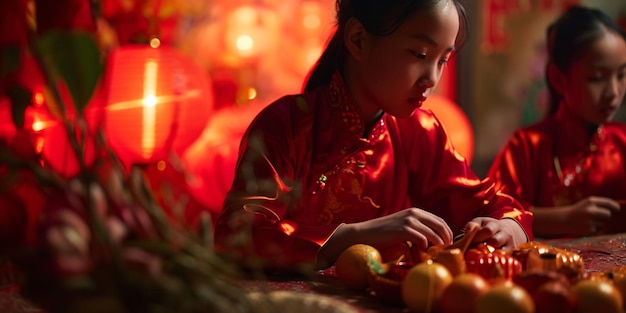 Chinese girl in traditional costume with red lanterns during Chinese New Year celebration