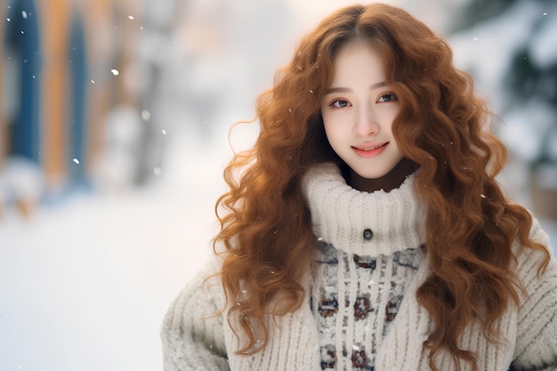 A Chinese girl walking on the snow in winter smiling full