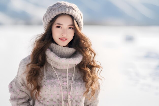 A Chinese girl walking on the snow in winter smiling full