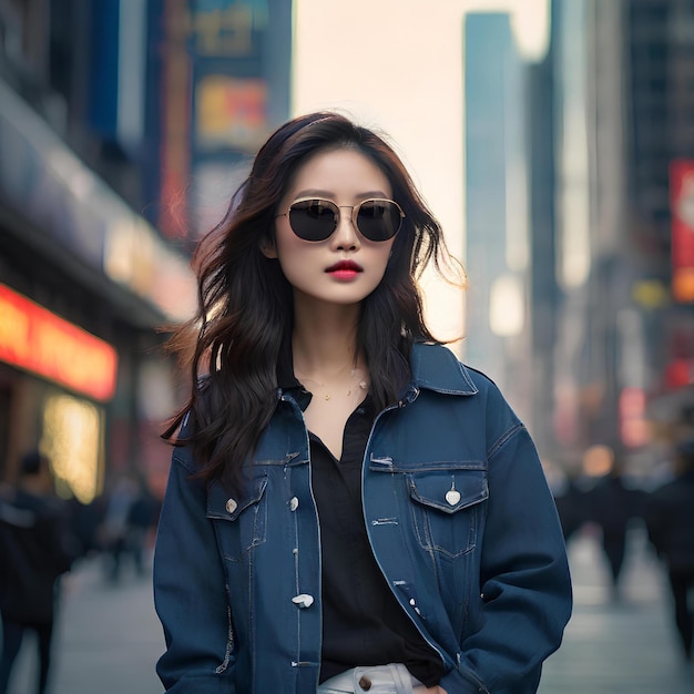 Chinese girl walks gracefully amidst the neonlit cityscape