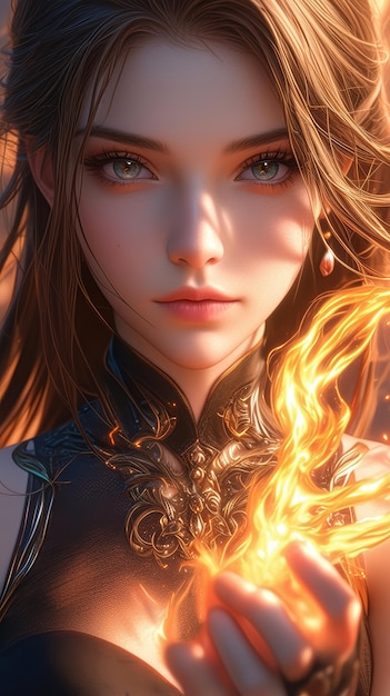 китайская девушка с иллюстрацией пламени