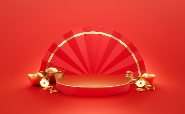 Chinese gold festival luxury podium of red product display stage oriental china traditional or celebration template scene platform and empty pedestal showcase on 3d banner background with backdrop.