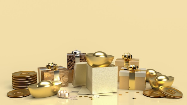 The Chinese  gold money and gift box on gold background  for business or holiday concept 3d rendering