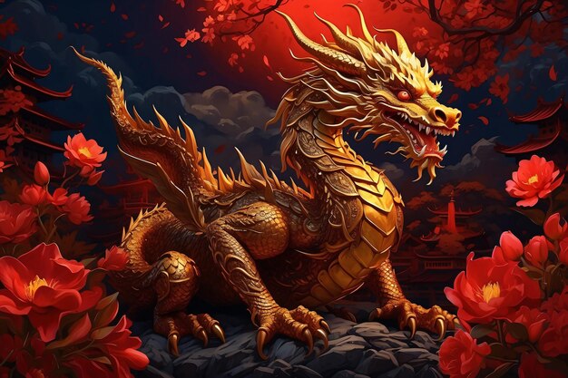 Фото Китайский золотой дракон с украшениями лунного нового года иллюстрации