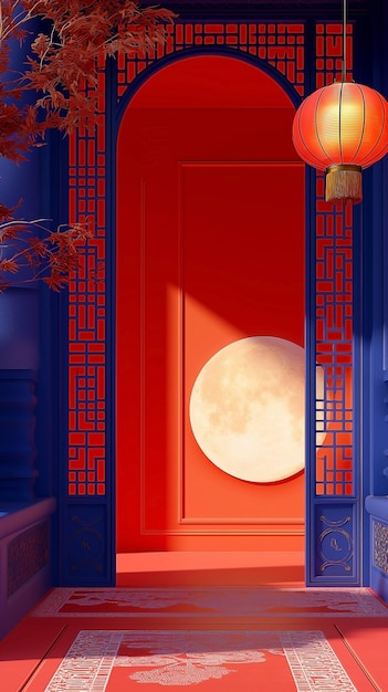 Photo chinese golden moon traditional paper lantern and red background with podium and moon shape behind