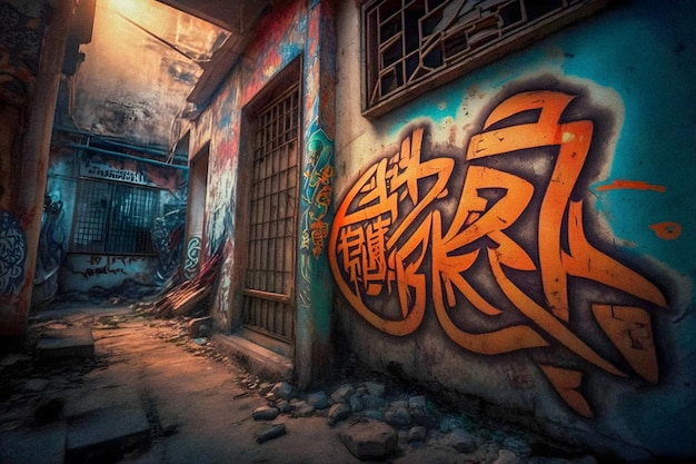 Foto graffiti cinesi sulla struttura granulare di illustartion della parete della via