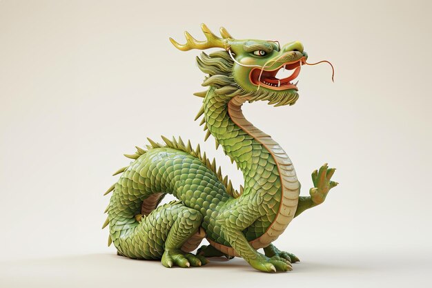 Chinese green wooden dragon 3d illustration Chinese New Year 2024 Festive Chinese 3d dragon figurine