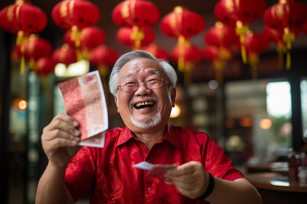 Chinese grootvader in traditioneel pak en met een aungpao bokeh-achtige achtergrond