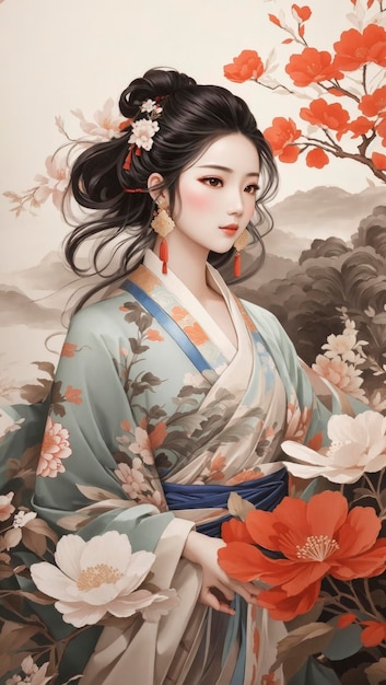 Chinese Hanfu Classical Beauty Country Style Painting Noble Wallpaper Background Illustration