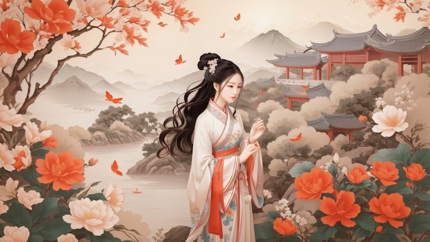 Chinese Hanfu Klassieke Schoonheid Landstijl Schilderij Edele Wallpaper Achtergrond Illustratie