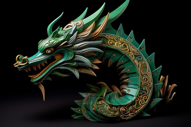 Chinese Happy New Year 2024 Year of the Dragon Symbol of New Year Greetings card The fabulous green wooden dragon is the symbol of the 2024 New Year on black background