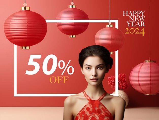 Chinese happy new year sale banner template Beautiful female model with lantern decoration