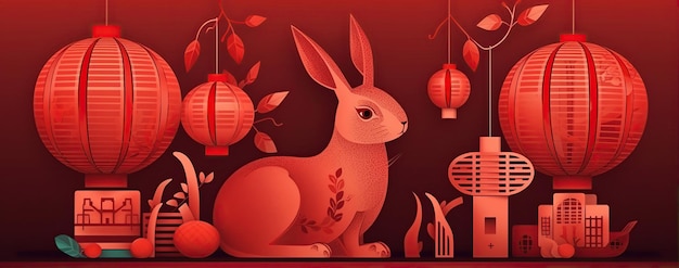 Chinese Happy new year with cute rabbit Animal holidays cartoon character Created with Generative AI