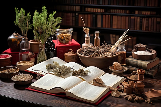 Chinese herbal medicine on the desktop AI technology generated image