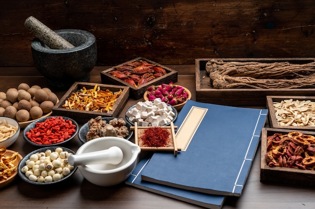 Chinese herbal medicines and prescriptions on the table