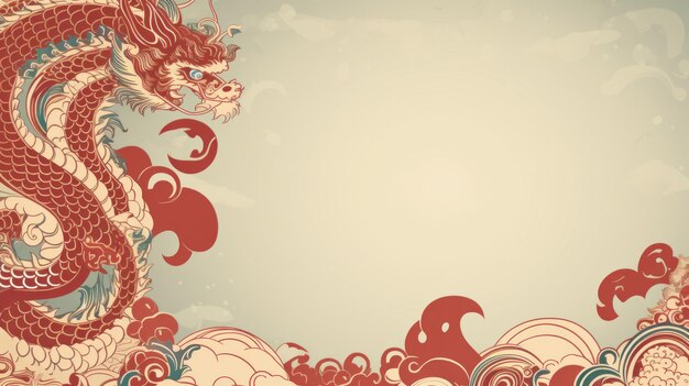 Китайский праздничный фон с драконом темно-красным и золотым большим пространством для копирования