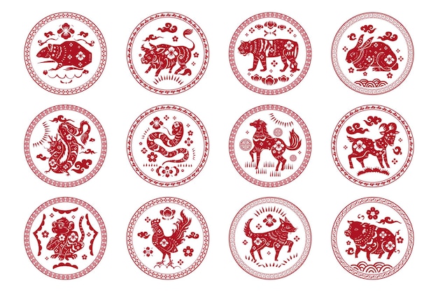 Chinese horoscope animals badges png red new year design elements set