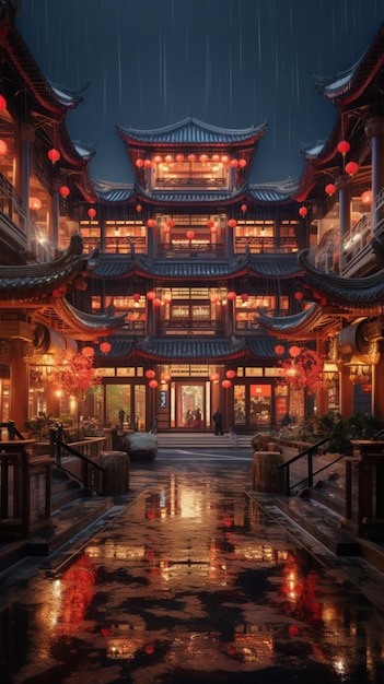 The chinese house in the rain