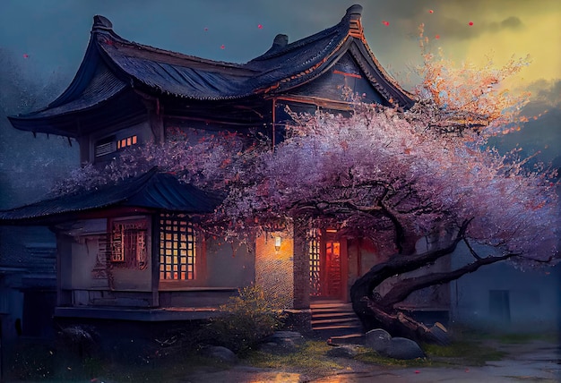 Chinese house at sunset Ia generative