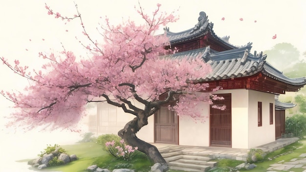 A Chinese house with a flowering tree watercolor ink style