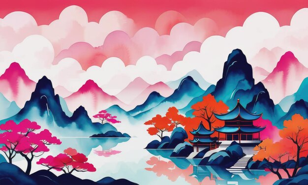 Chinese ink landscape into a vibrant watercolor dreamscape