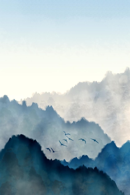 Photo chinese ink painting art background with landscape view of mountain and misty fog