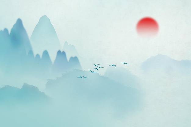 Chinese ink painting art background with landscape view of mountain and misty fog