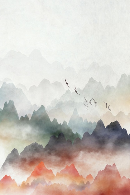 Chinese ink painting art background with landscape view of mountain and misty fog