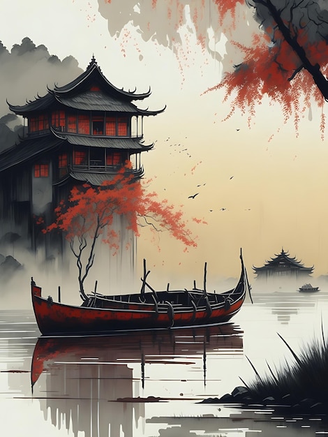 中国の水墨画の落ち着いた色のイラスト