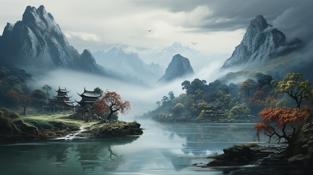 Photo chinese ink and water landscape painting