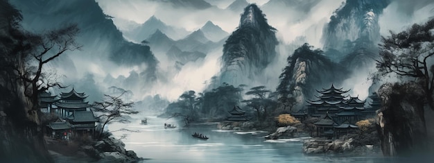 Chinese ink and water landscape paintingGenerative AI