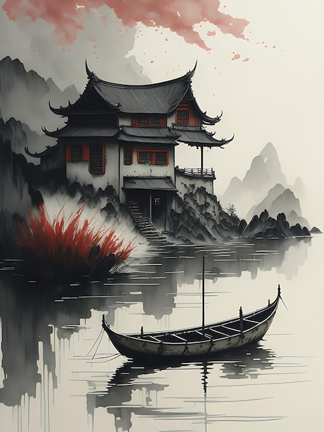chinese inkt schilderij gedempte kleuren illustratie