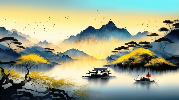 中国の水墨画、雄大な山々、緑豊かな森林、輝く湖、砂漠の砂丘